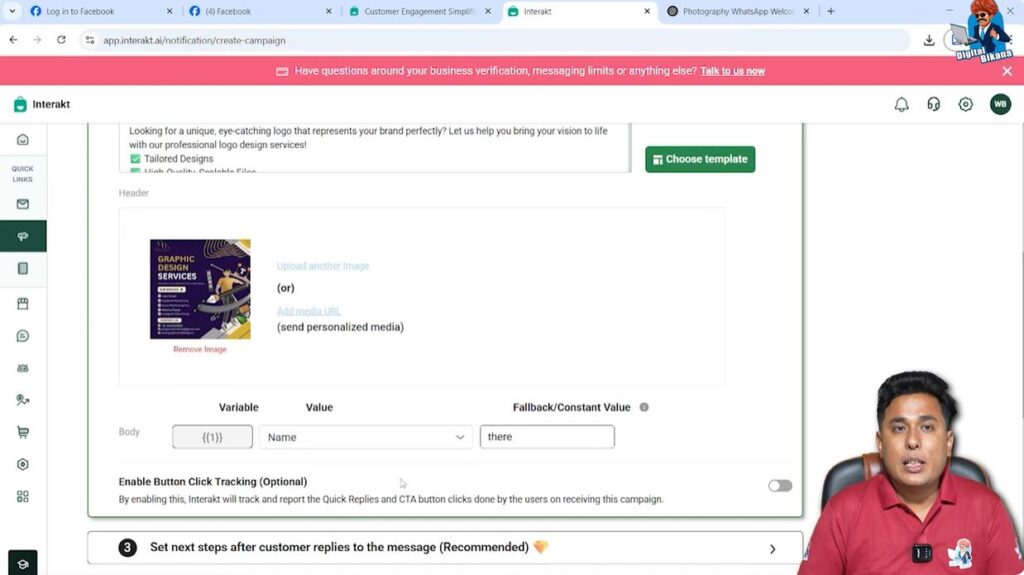 Setting template variables and enabling button click tracking in WhatsApp Business API campaign