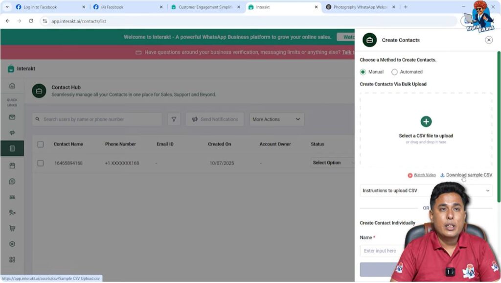 Download sample file for bulk contact upload in Interakt WhatsApp Business API