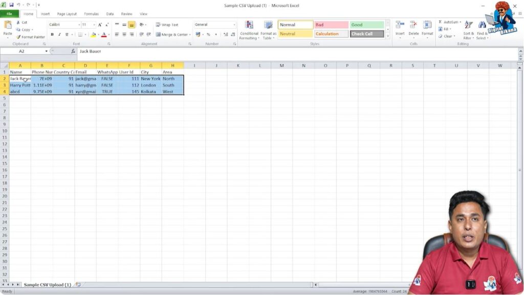 Editing sample Excel file for WhatsApp Business API contact upload