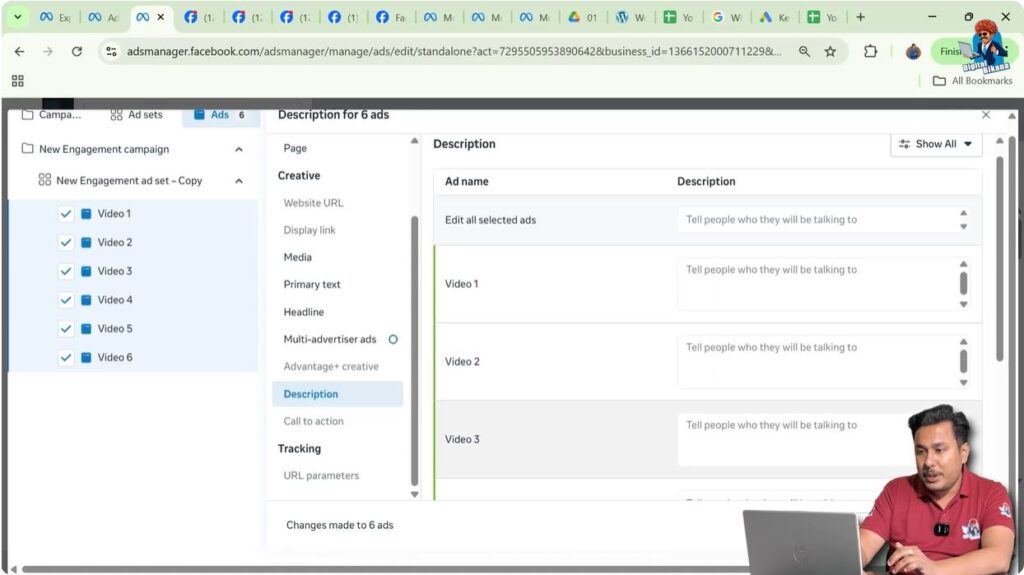 Editing description and call description for multiple ad creatives
