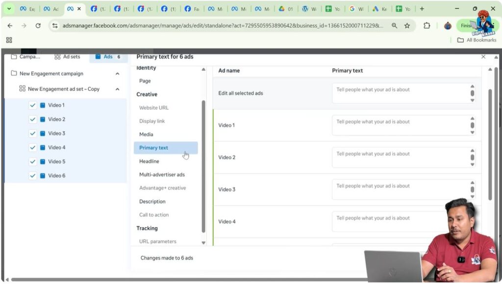 Editing primary text caption for multiple ad creatives at once