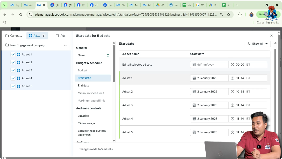 Editing start date and time for multiple ad sets in Meta Ads Manager