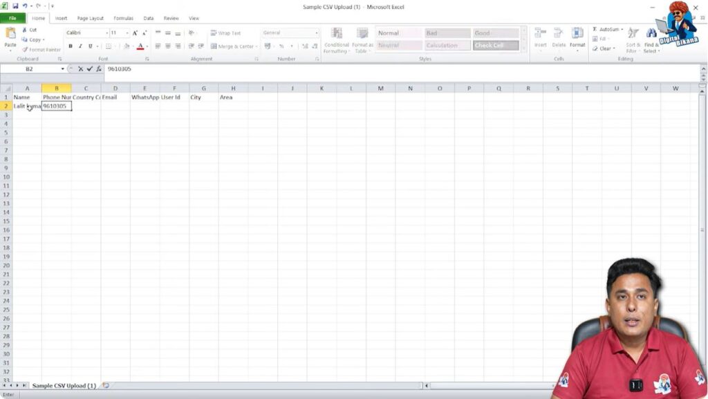 Adding name, phone number, and country code in Interakt contact upload file