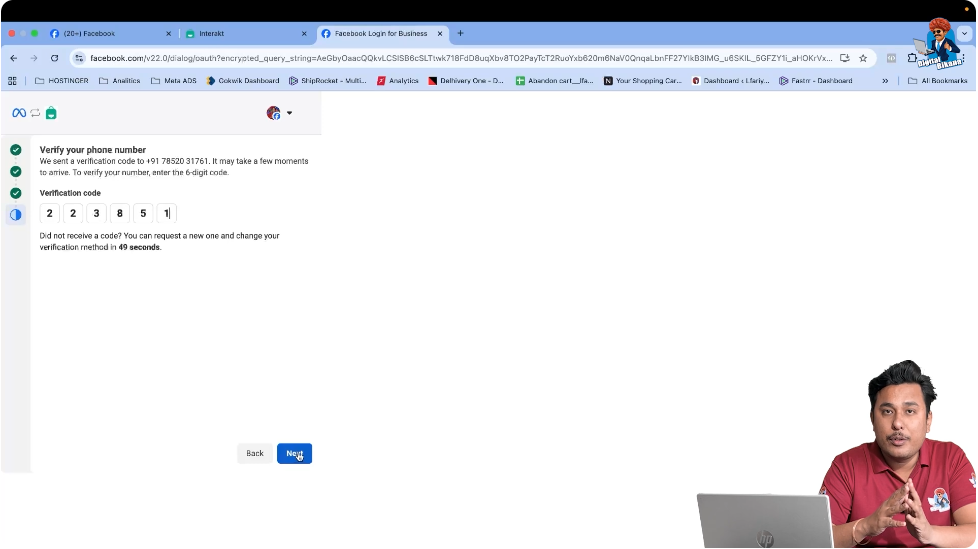 Entering OTP verification code to verify mobile number on WhatsApp Business API Interakt