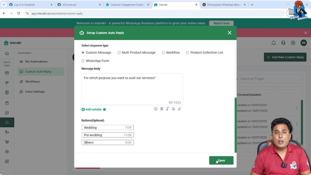 Event type selection auto reply in Interakt for WhatsApp Business API journey