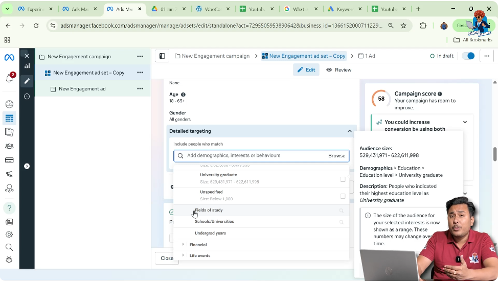 Field of study targeting such as BCom BTech MBA in Meta Ads Manager