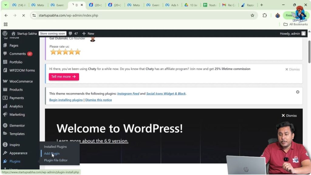 WordPress plugins section showing Add New plugin option
