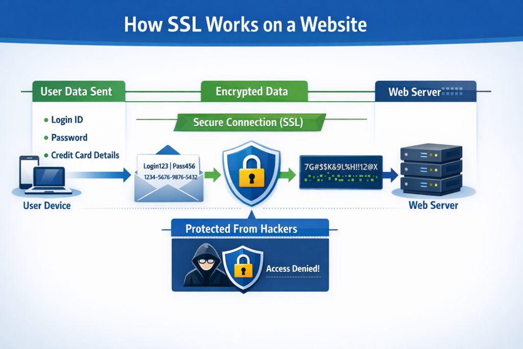 Encrypted data transmission between user browser and server using SSL