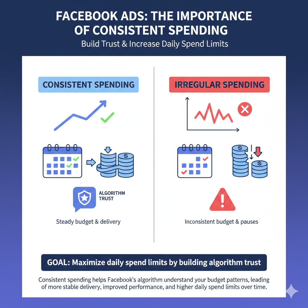 Role of consistent ad spending in increasing Facebook daily spend limit