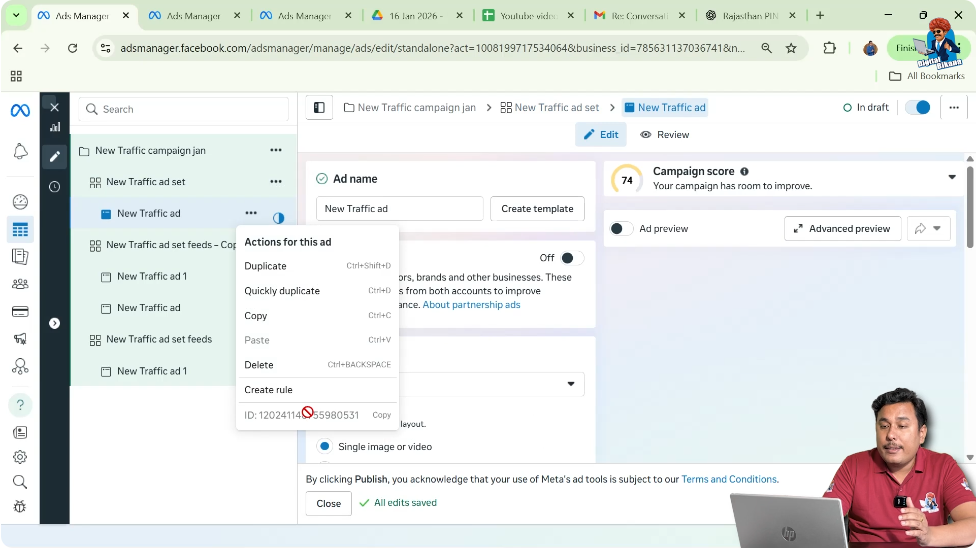 Finding ad set ID from three dot menu at ad set level in Ads Manager