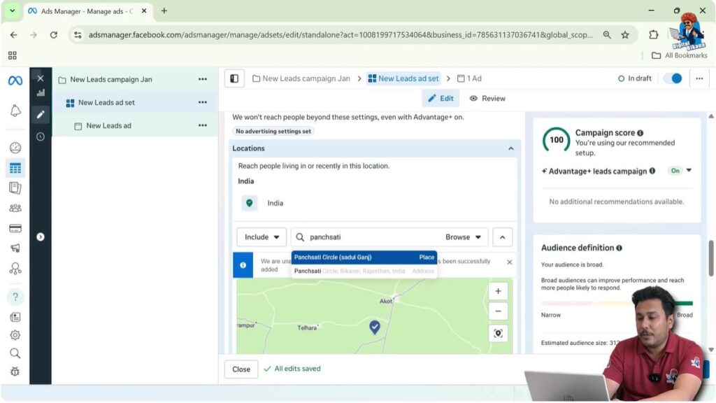 Selecting location and radius targeting in Facebook Ads Manager for lead generation ads