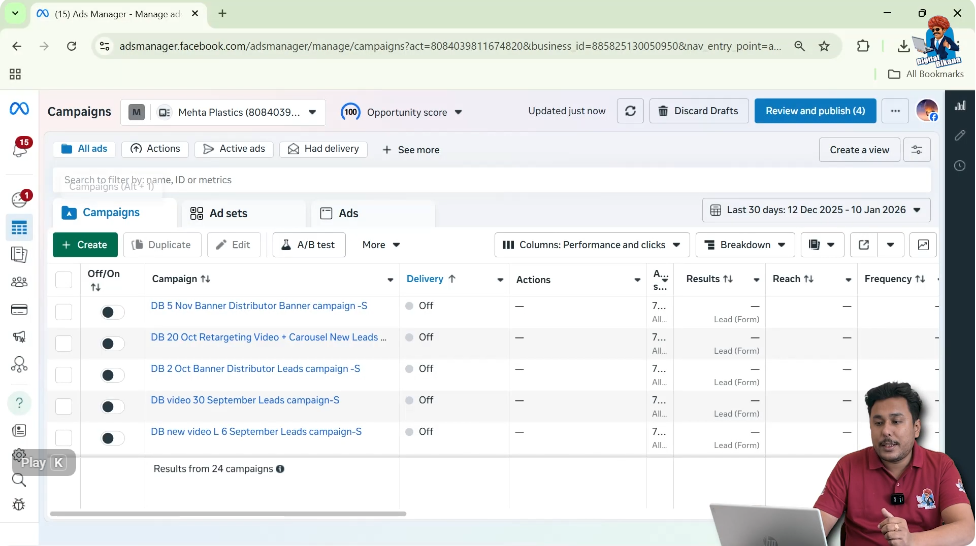 Open Facebook Ads Manager dashboard to access ad account settings