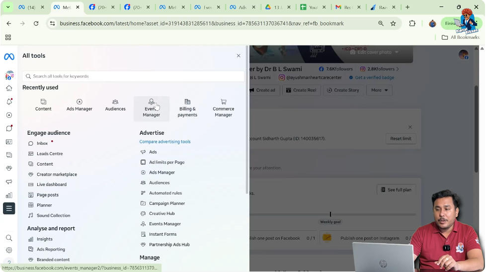Open Events Manager from Meta Business Suite to generate Meta Pixel code