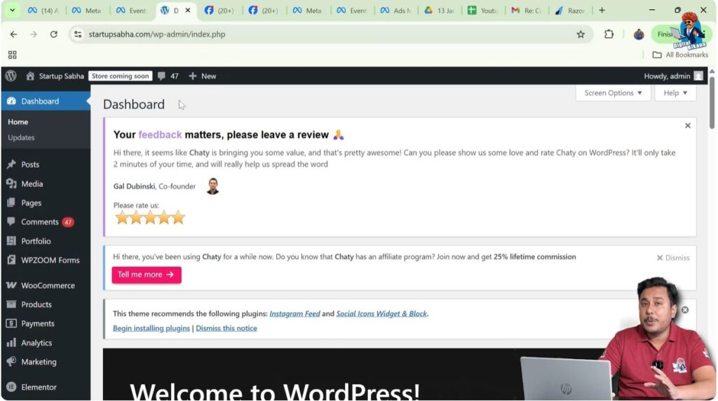 WordPress admin dashboard opened to add Meta Pixel code
