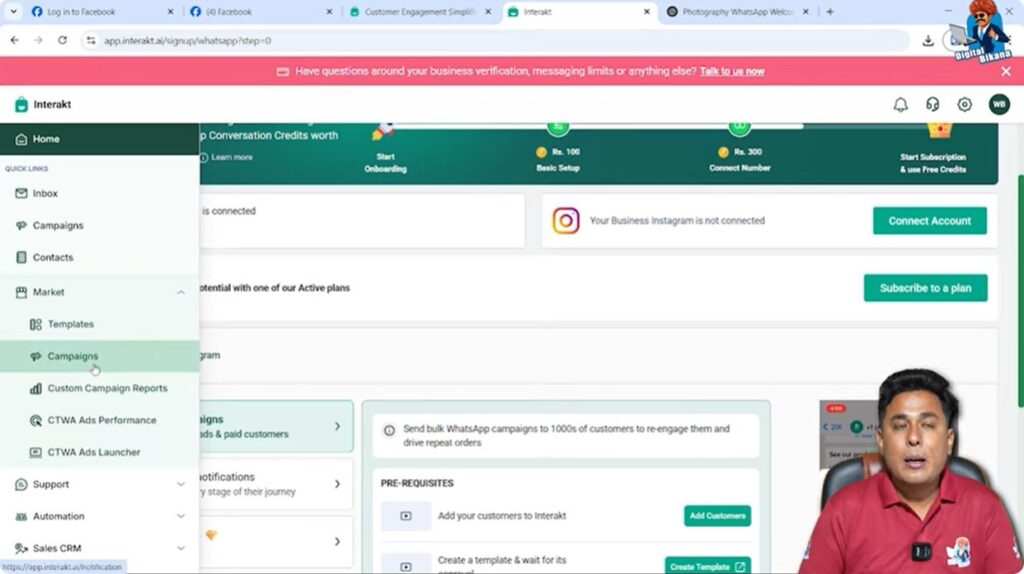 Opening campaign section inside Market tab in Interakt WhatsApp Business API