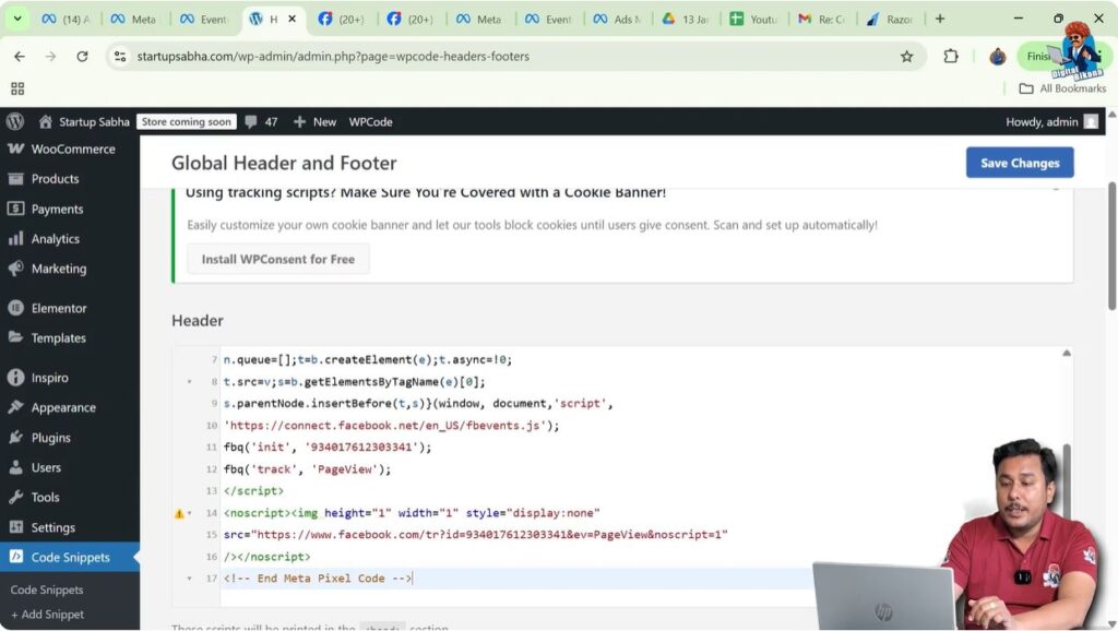 Pasting Meta Pixel code into WordPress header section