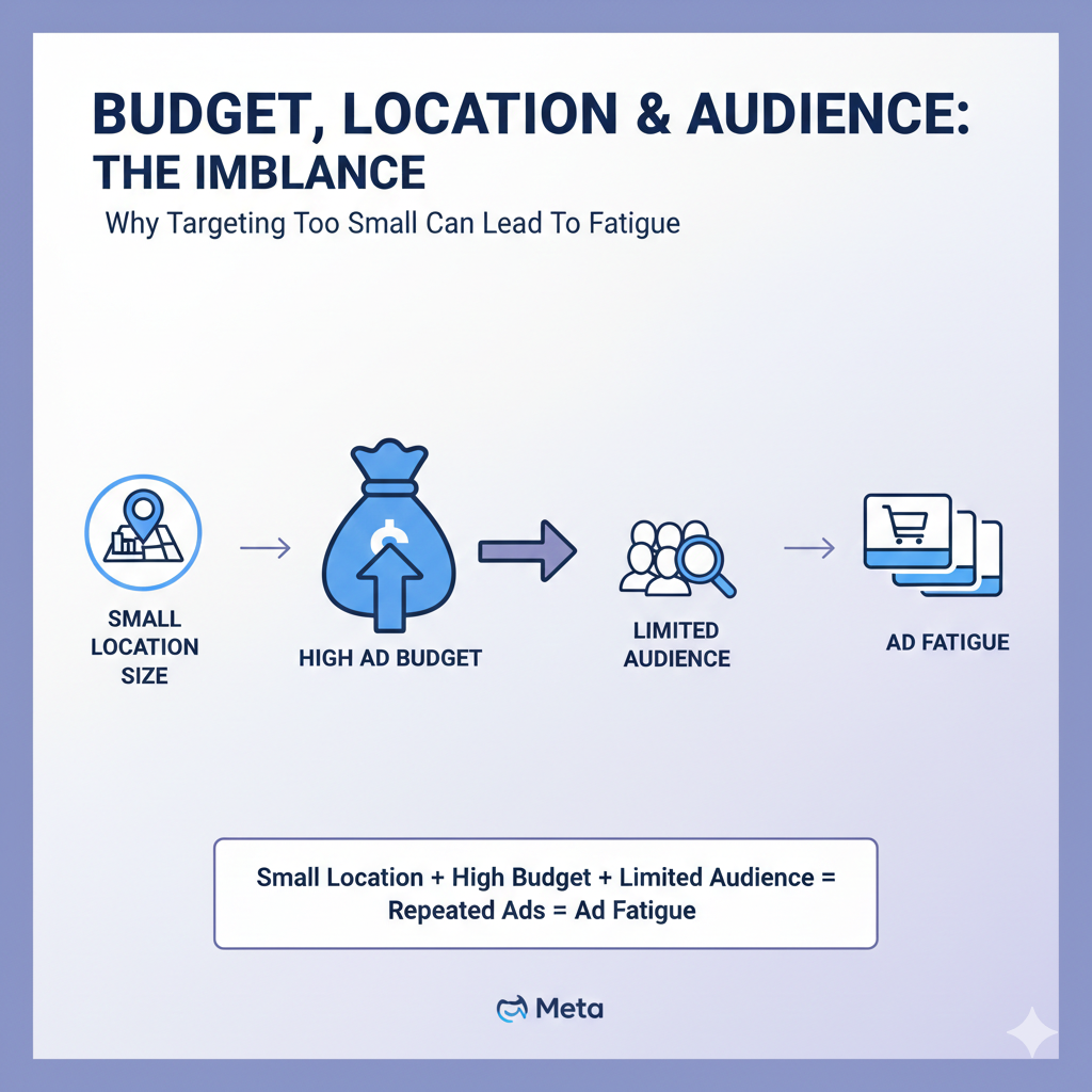 Relationship between ad budget, small location targeting, limited audience, and ad fatigue