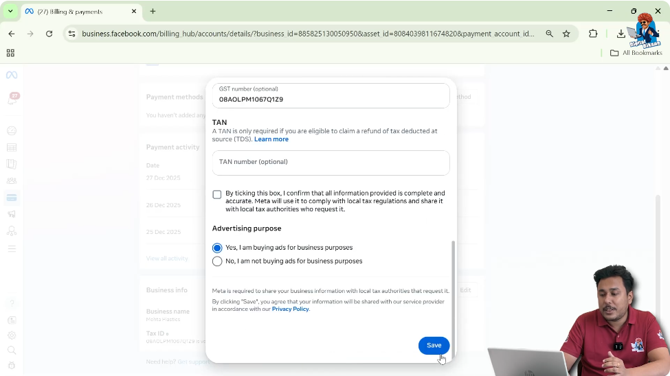 Save updated time zone and currency settings in Facebook Ads Manager