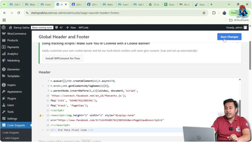 Saving Meta Pixel code changes in WordPress header