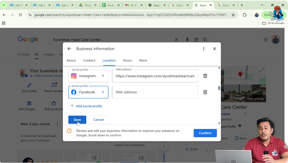 Saving Facebook page link to update Google My Business profile successfully