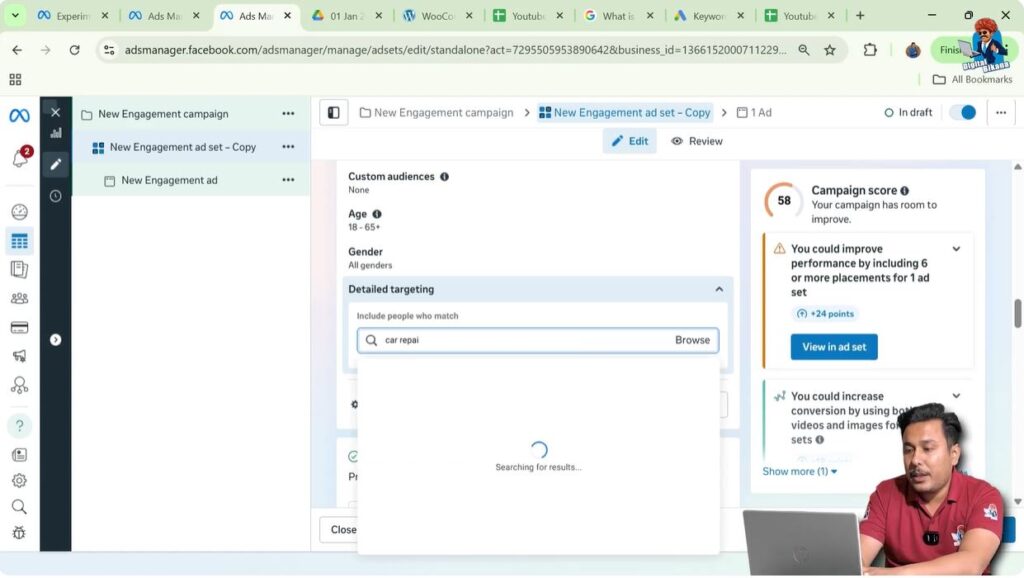Searching custom audience filters manually in Meta Ads detailed targeting