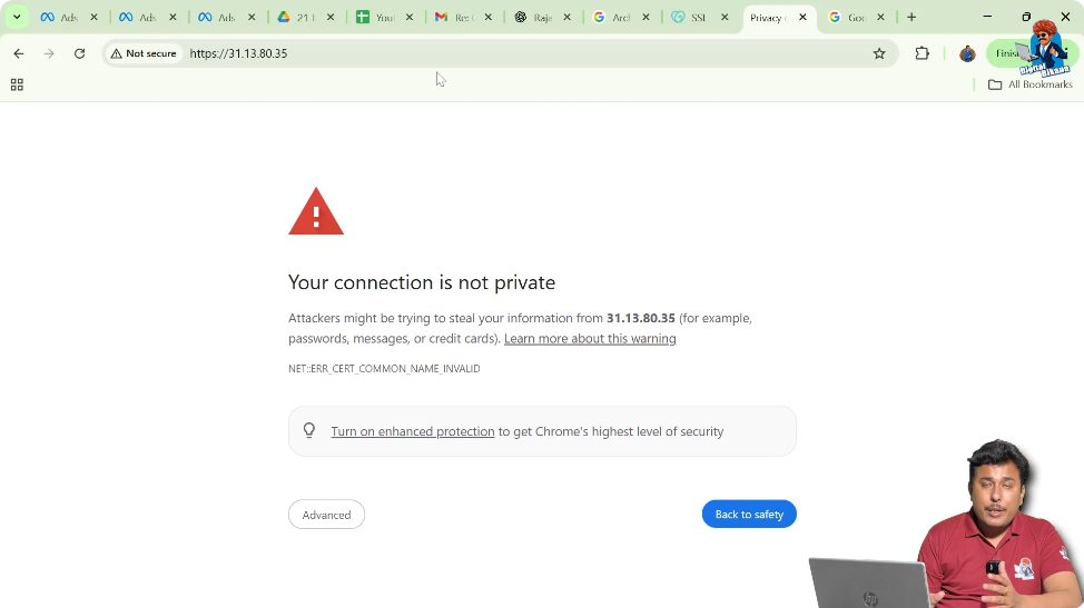 Browser displaying not secure warning message without SSL certificate