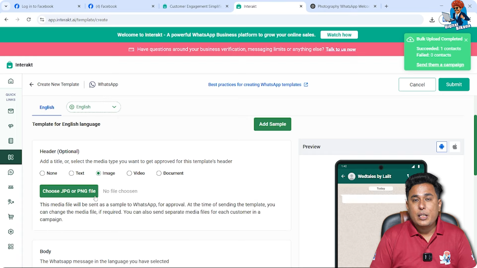 Select image format and upload banner while creating WhatsApp Business API template in Interakt