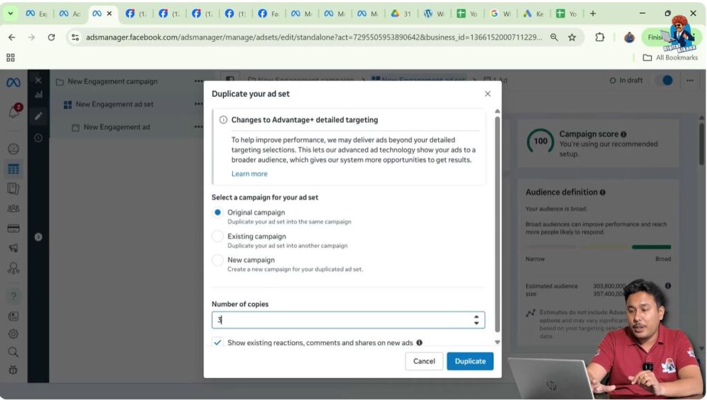 Choosing number of ad set copies while duplicating ad sets