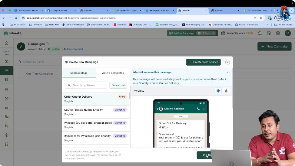 Select predefined Order Out for Delivery campaign template in Interakt for Shopify WhatsApp Business API automation.