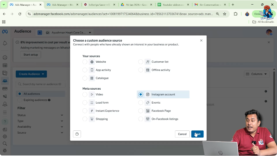 Choosing professional Instagram account to create engagement custom audience