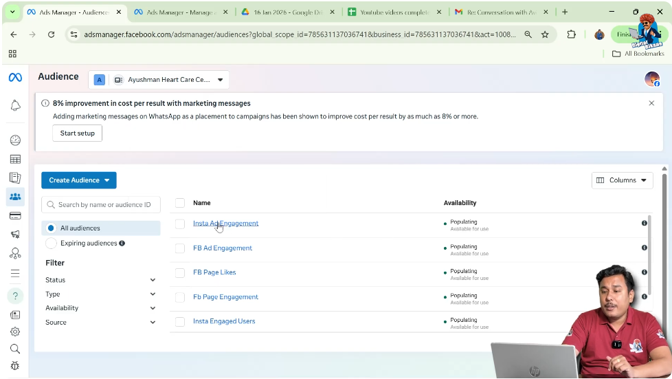 Selecting custom audience in Facebook Ads Manager audiences section