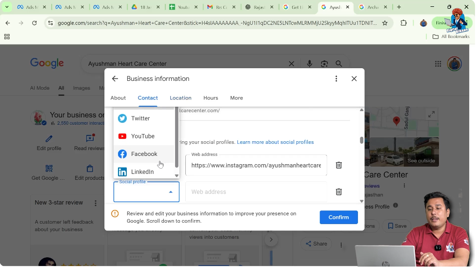 Selecting social media platform like Instagram, Facebook, or YouTube in Google My Business