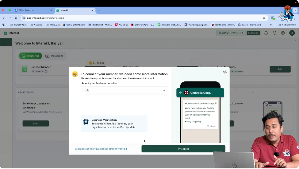 Selecting India as country during WhatsApp Business API number connection in Interakt