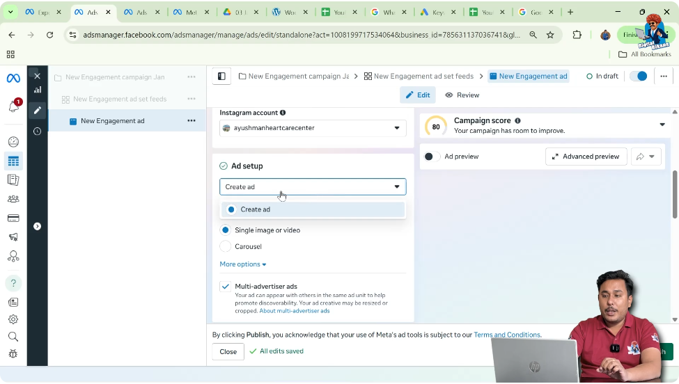 Selecting create ad option to upload new message ad creative
