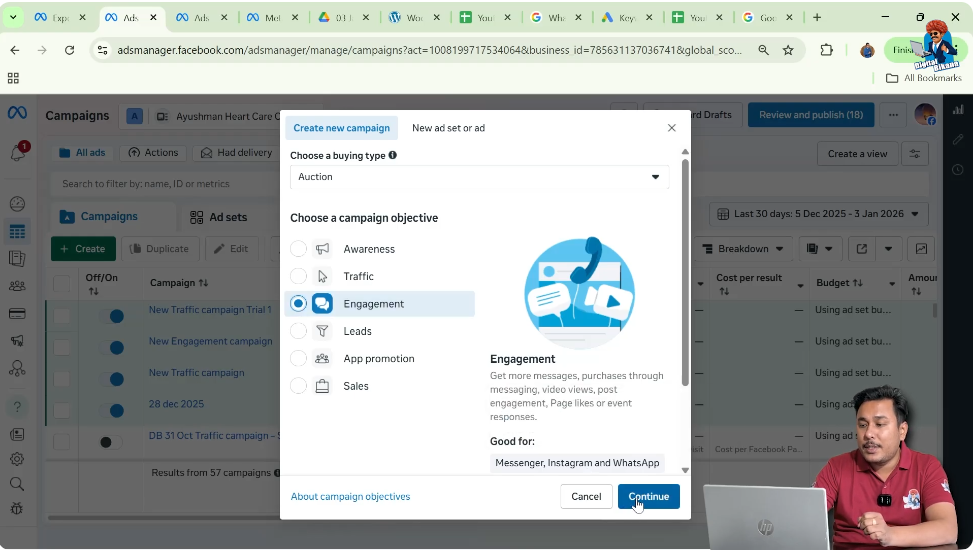 Selecting engagement objective to run message ads on Facebook and Instagram