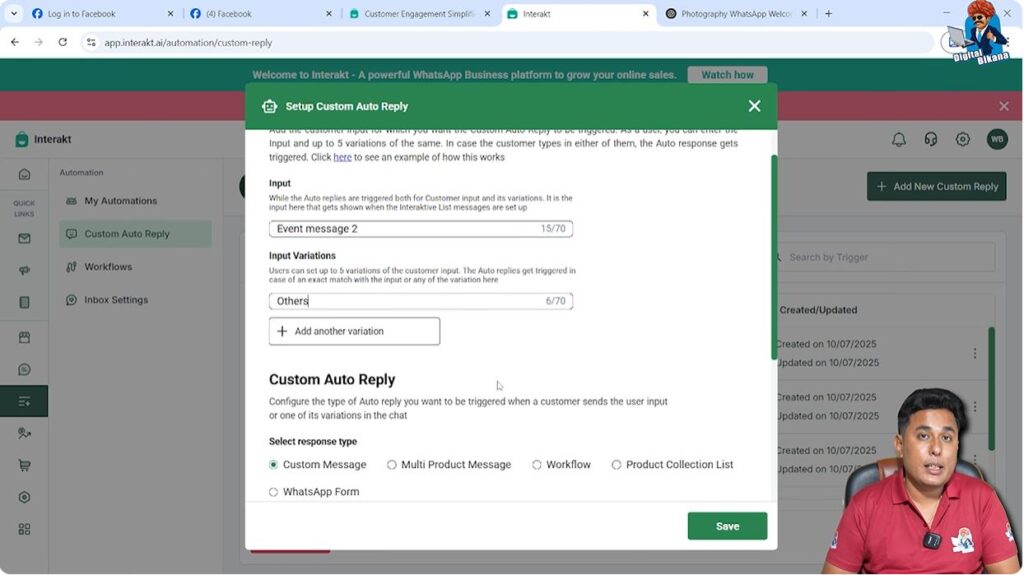 Creating separate auto reply for Others option in WhatsApp Business API