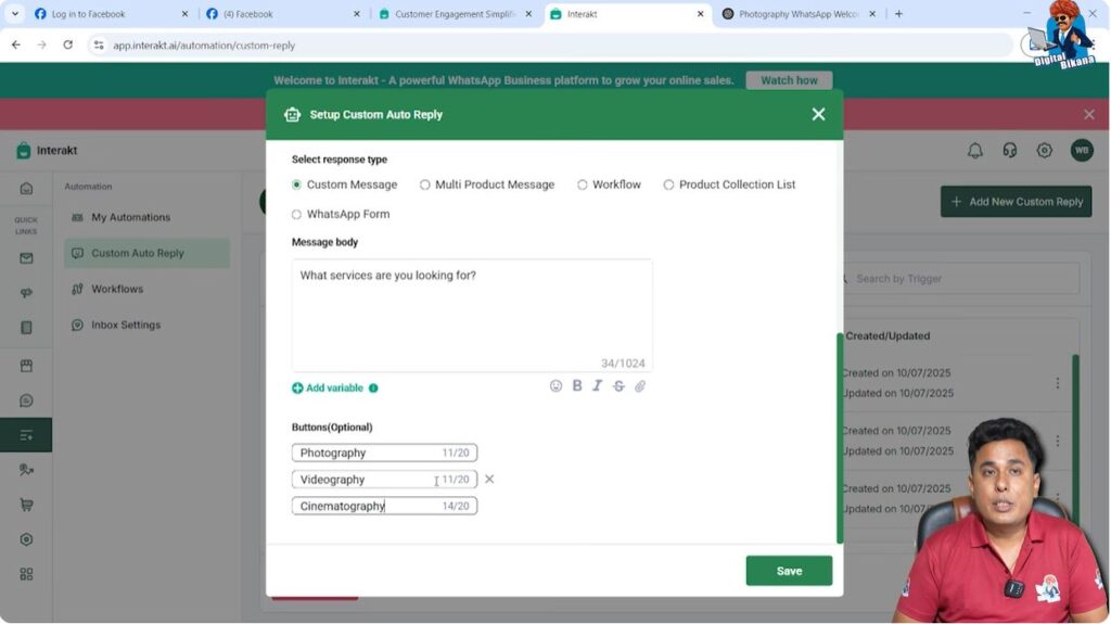 Service selection message configuration in Interakt for WhatsApp Business API
