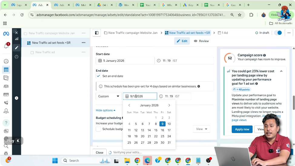 Setting start and end date for website traffic ads