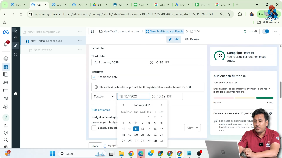 Selecting start date and end date for WhatsApp call ad campaign