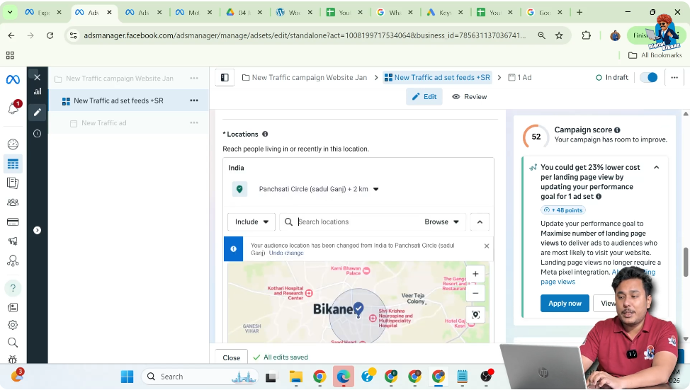 Selecting location and radius targeting in Facebook traffic ads