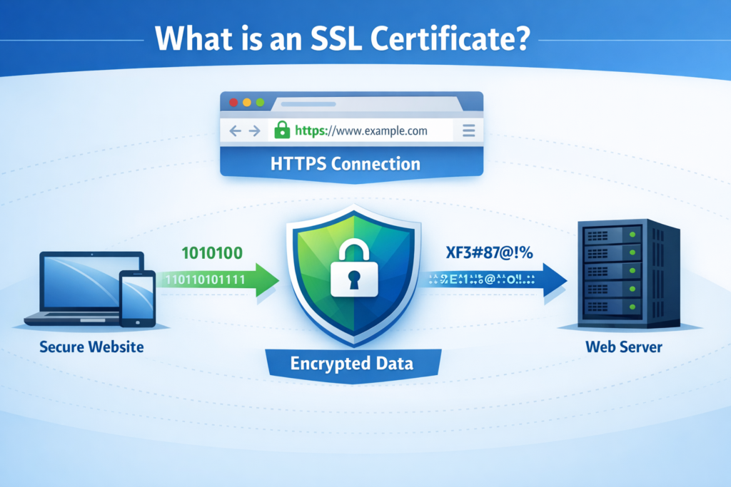 Website showing HTTPS secure connection icon explaining SSL certificate