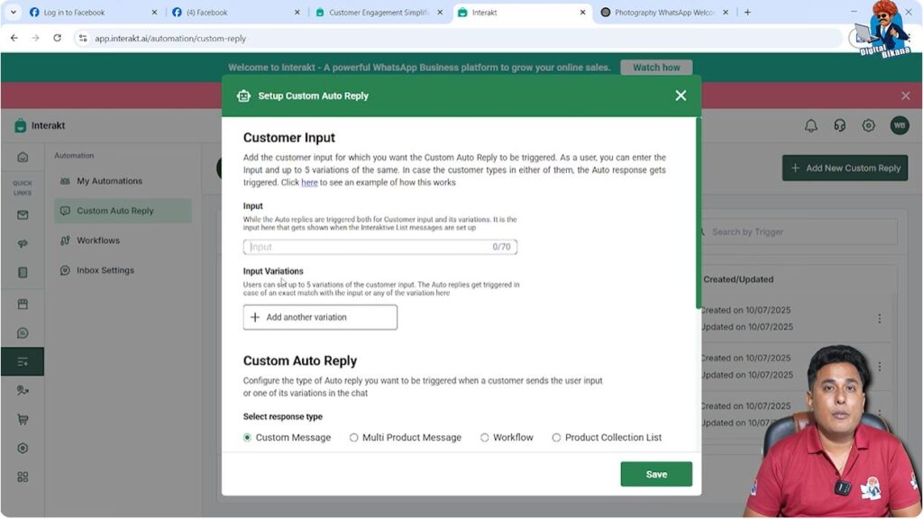 Input field setup in Interakt custom auto reply for internal message identification