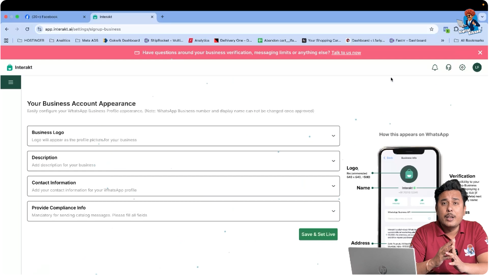 Updating business logo, address, and bio after WhatsApp Business API number connection in Interakt