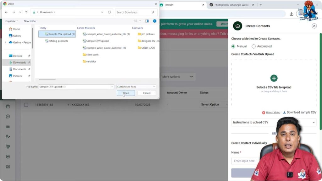 Uploading contacts file in Interakt for WhatsApp Business API