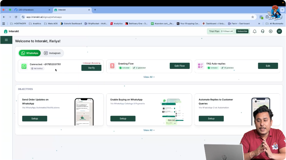 Connected WhatsApp Business API number displayed on Interakt dashboar