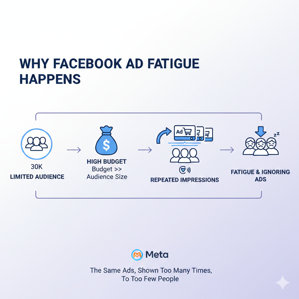 Reasons why ad fatigue happens in Facebook ads due to limited audience and repeated exposure
