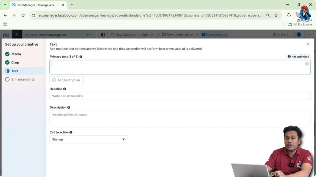 Writing primary text, headline, and selecting CTA button for Facebook lead ads