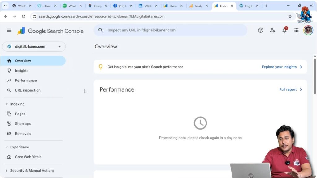 Google Search Console dashboard with verified website property