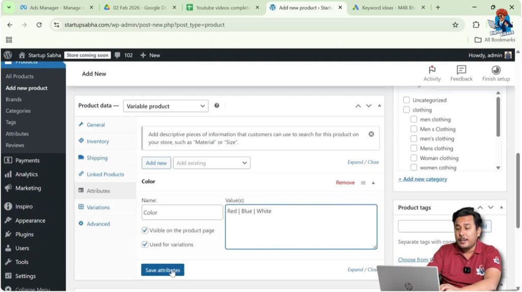 Adding color attribute values in WooCommerce variable product
