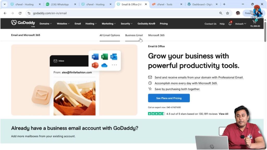 Business Email and Microsoft 365 options shown in GoDaddy email section